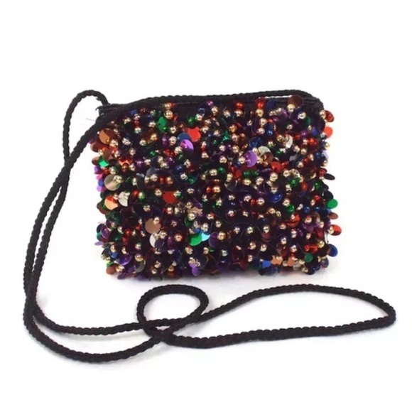 Vintage DANCIN' purse / handbag bright shiny sequins  gold beads Sparkling *D6 - Picture 1 of 5